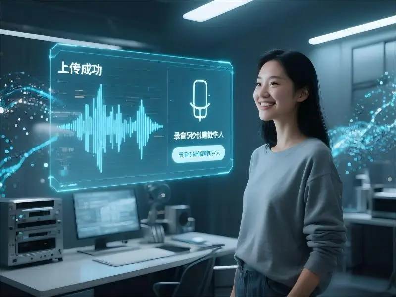 女性用户体验GPT-SOVITS声音克隆功能，悬浮界面显示"上传成功"。通过5秒录音即可创建个性化数字人声，基于sovits技术实现高保真语音包生成。